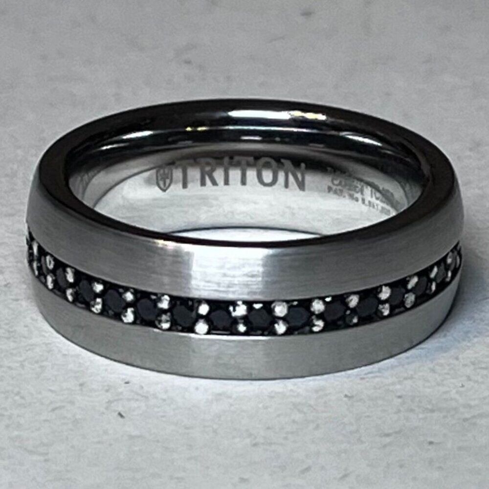 Triton Tungsten Carbide & 925 Silver 8 MM Ring Band w Black Sapphires Men's 10